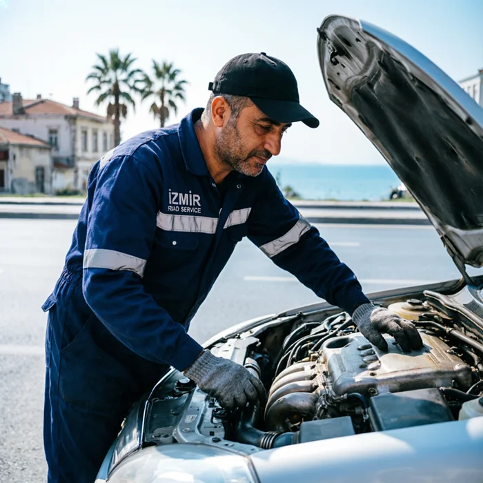 Yol yardım teknisyeni kaputu açık bir aracın motorunu kontrol ediyor